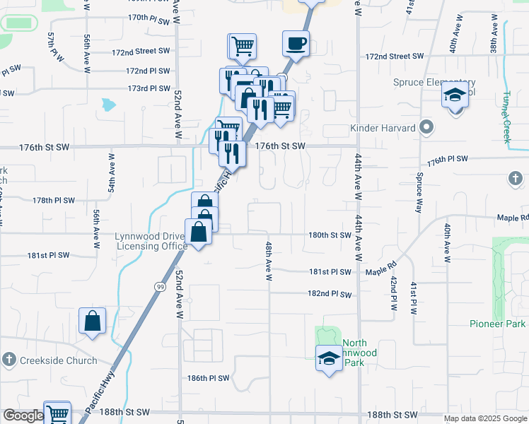 map of restaurants, bars, coffee shops, grocery stores, and more near 4813 180th Street Southwest in Lynnwood