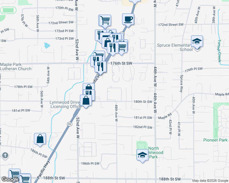 map of restaurants, bars, coffee shops, grocery stores, and more near 4813 180th Street Southwest in Lynnwood