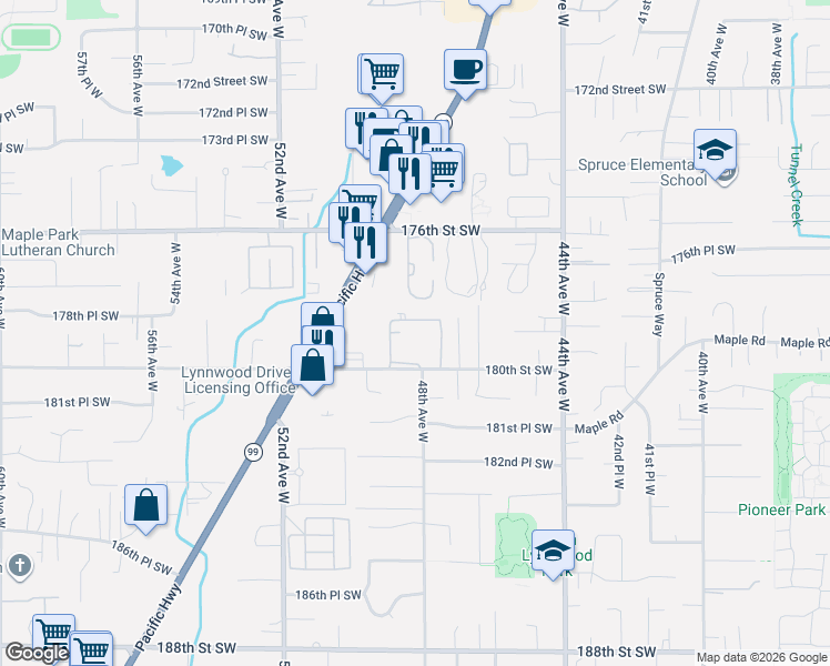 map of restaurants, bars, coffee shops, grocery stores, and more near 4813 180th Street Southwest in Lynnwood