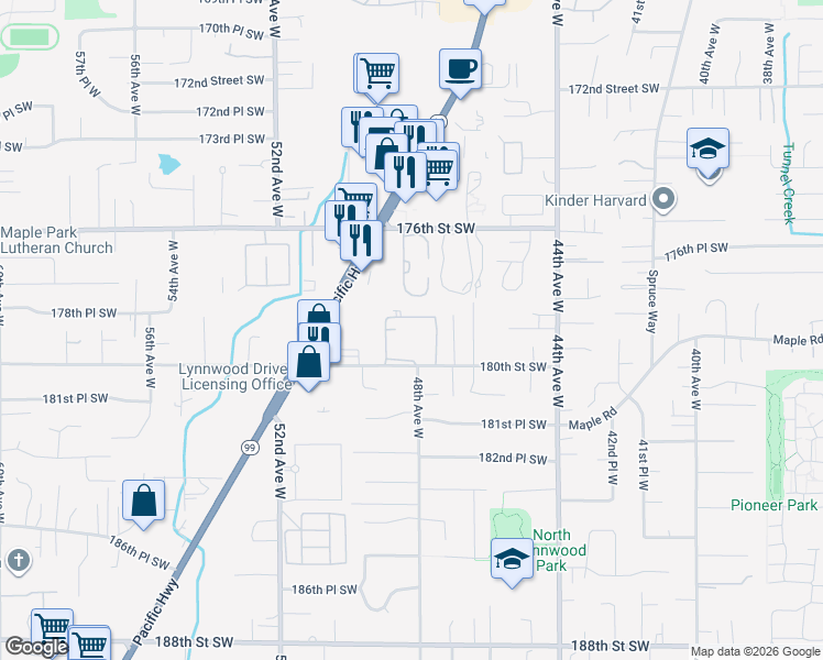 map of restaurants, bars, coffee shops, grocery stores, and more near 4813 180th Street Southwest in Lynnwood