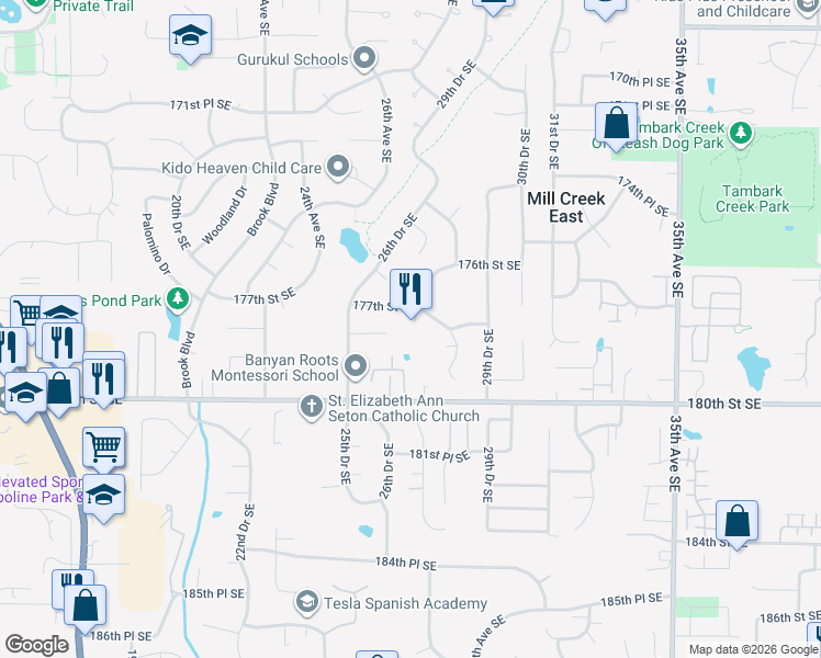 map of restaurants, bars, coffee shops, grocery stores, and more near 17712 28th Avenue Southeast in Bothell