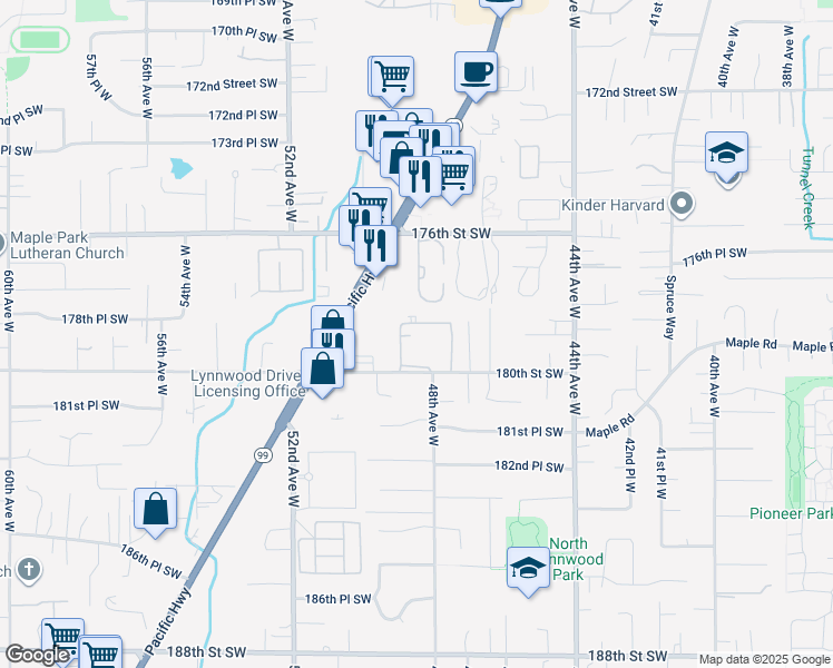 map of restaurants, bars, coffee shops, grocery stores, and more near 4815 180th Street Southwest in Lynnwood