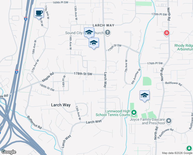map of restaurants, bars, coffee shops, grocery stores, and more near 1010 178th Street Southwest in Lynnwood