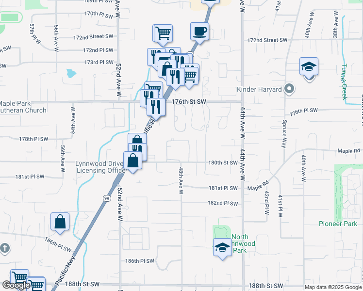 map of restaurants, bars, coffee shops, grocery stores, and more near 4813 180th Street Southwest in Lynnwood