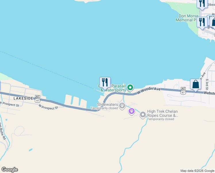 map of restaurants, bars, coffee shops, grocery stores, and more near 1350 West Woodin Avenue in Chelan