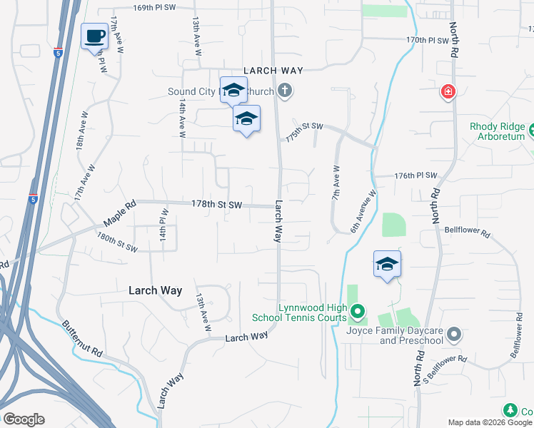 map of restaurants, bars, coffee shops, grocery stores, and more near 1010 178th Street Southwest in Lynnwood
