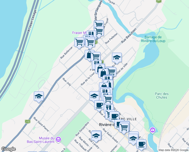 map of restaurants, bars, coffee shops, grocery stores, and more near 12 Rue de la Cour in Rivière-du-Loup