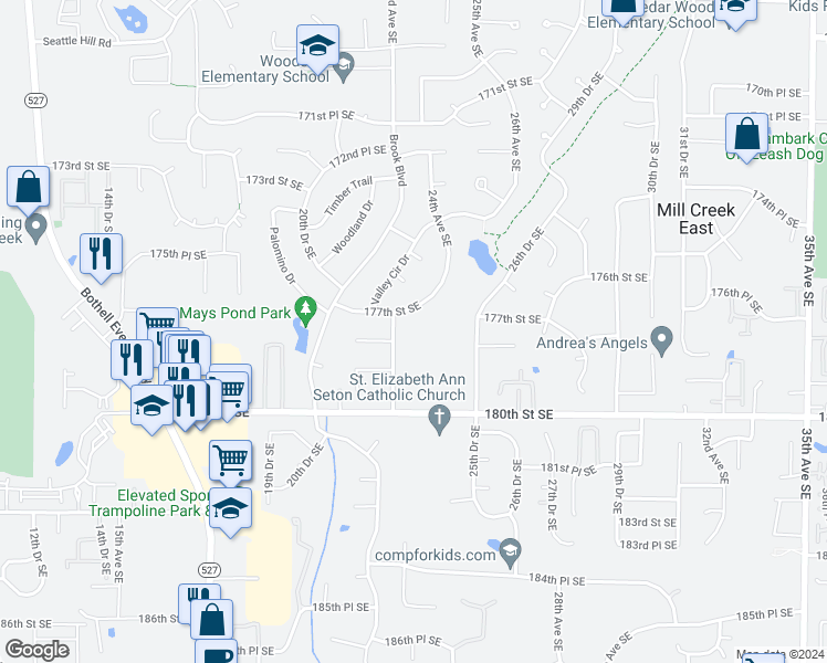 map of restaurants, bars, coffee shops, grocery stores, and more near 2314 177th Street Southeast in Bothell