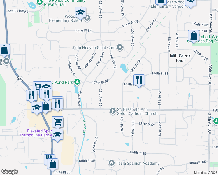 map of restaurants, bars, coffee shops, grocery stores, and more near 2314 177th Street Southeast in Bothell