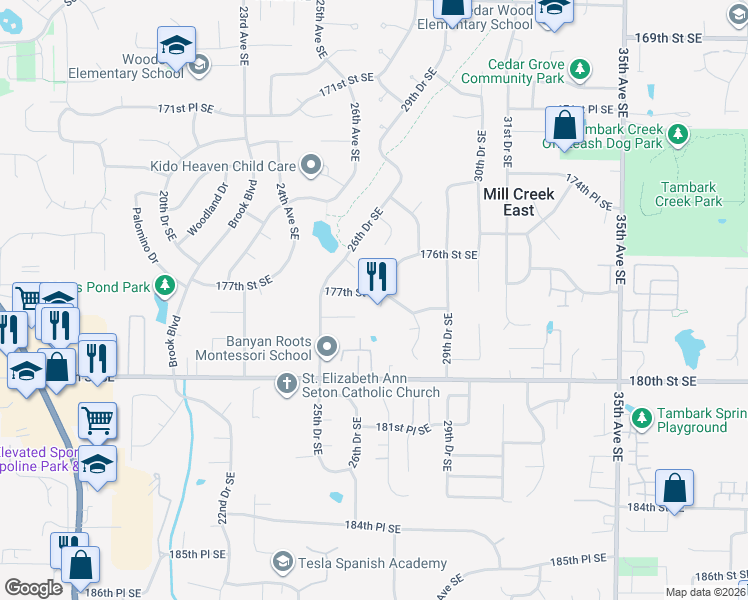 map of restaurants, bars, coffee shops, grocery stores, and more near 17712 28th Avenue Southeast in Bothell