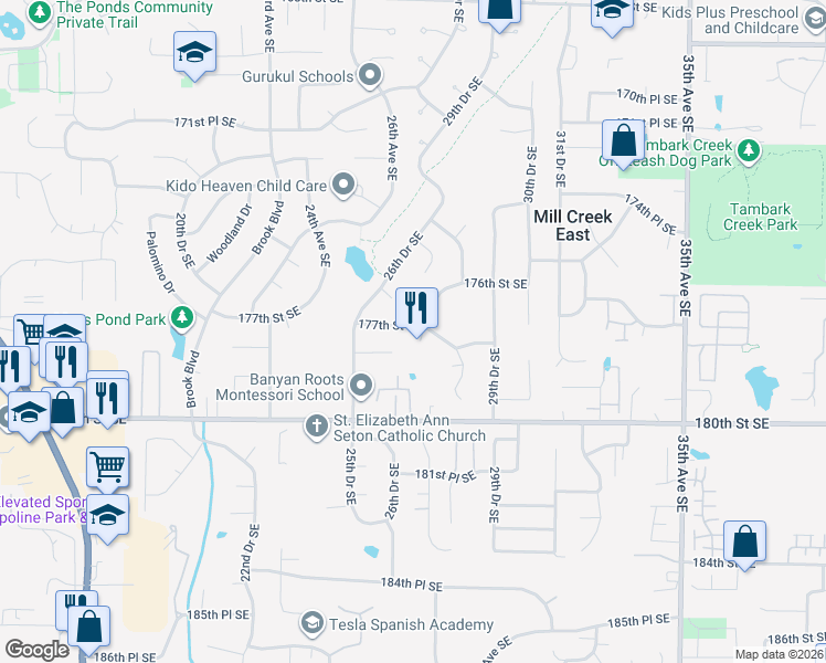 map of restaurants, bars, coffee shops, grocery stores, and more near 17712 28th Avenue Southeast in Bothell