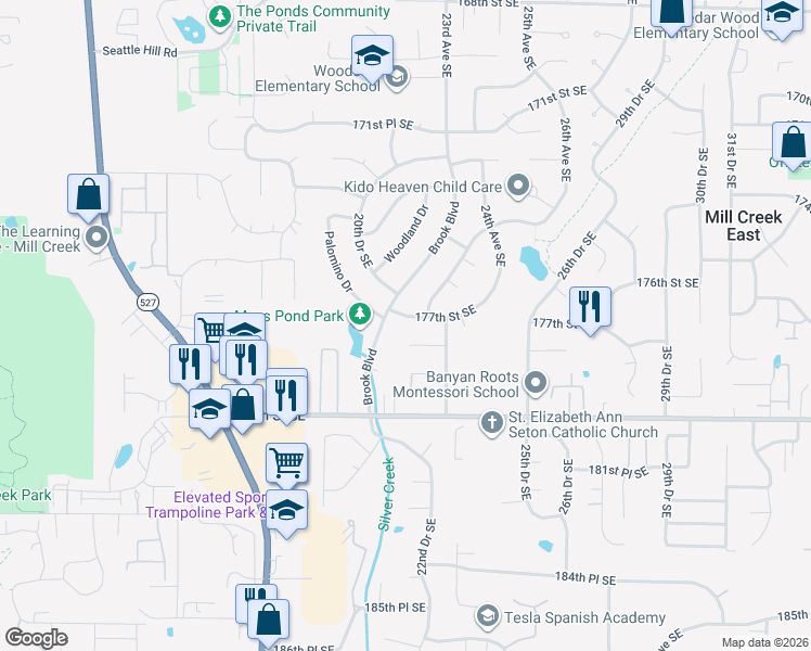 map of restaurants, bars, coffee shops, grocery stores, and more near 2120 178th Street Southeast in Bothell
