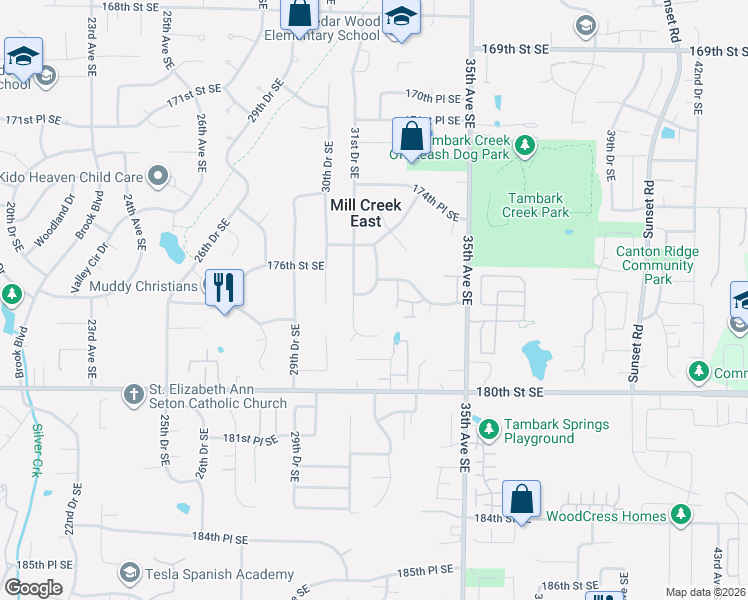 map of restaurants, bars, coffee shops, grocery stores, and more near 3125 178th Street Southeast in Bothell