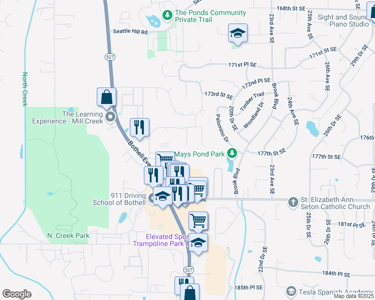 map of restaurants, bars, coffee shops, grocery stores, and more near 17612 17th Drive Southeast in Bothell