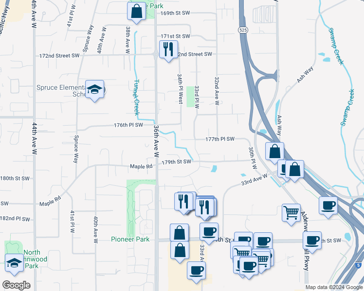 map of restaurants, bars, coffee shops, grocery stores, and more near 3423 177th Place Southwest in Lynnwood