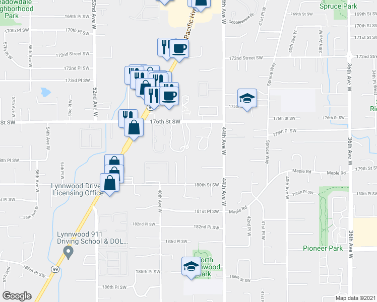 map of restaurants, bars, coffee shops, grocery stores, and more near 4612 176th Street Southwest in Lynnwood