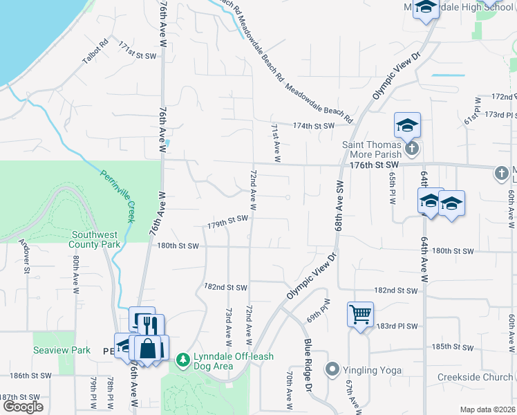 map of restaurants, bars, coffee shops, grocery stores, and more near 7115 177th Street Southwest in Edmonds