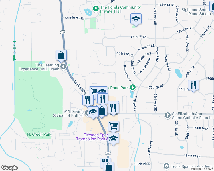 map of restaurants, bars, coffee shops, grocery stores, and more near 17612 17th Drive Southeast in Bothell