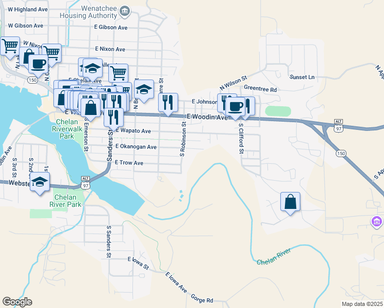 map of restaurants, bars, coffee shops, grocery stores, and more near 629 East Okanogan Avenue in Chelan