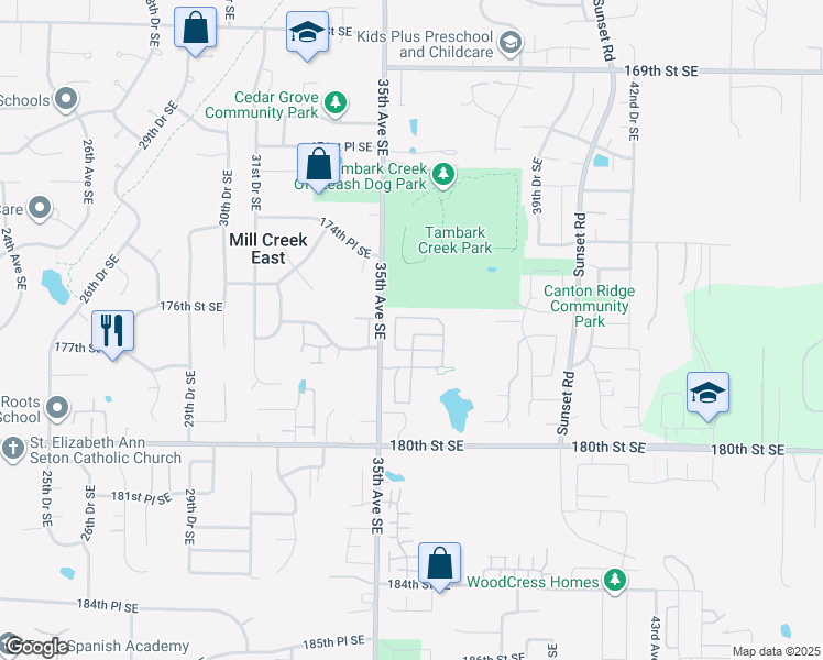 map of restaurants, bars, coffee shops, grocery stores, and more near 3605 176th Place Southeast in Bothell