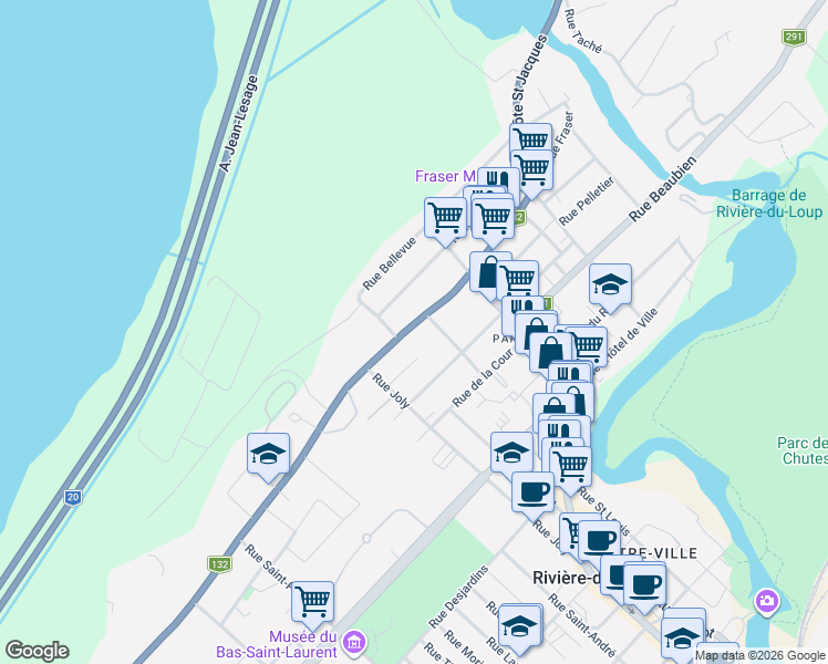 map of restaurants, bars, coffee shops, grocery stores, and more near 97 Rue Fraser in Rivière-du-Loup