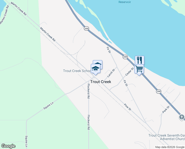 map of restaurants, bars, coffee shops, grocery stores, and more near 4 School Lane in Trout Creek