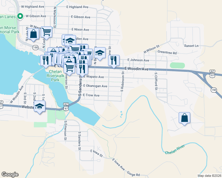 map of restaurants, bars, coffee shops, grocery stores, and more near 507 East Okanogan Avenue in Chelan