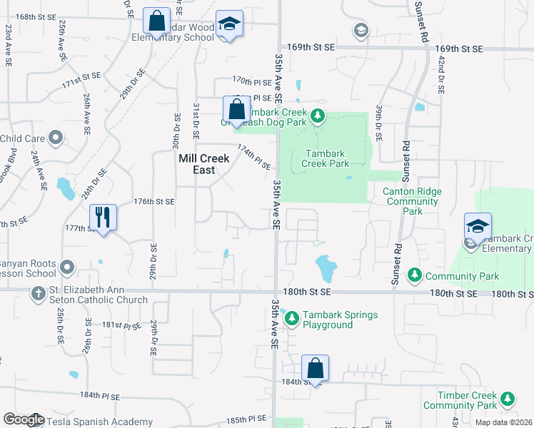 map of restaurants, bars, coffee shops, grocery stores, and more near 3406 176th Place Southeast in Bothell