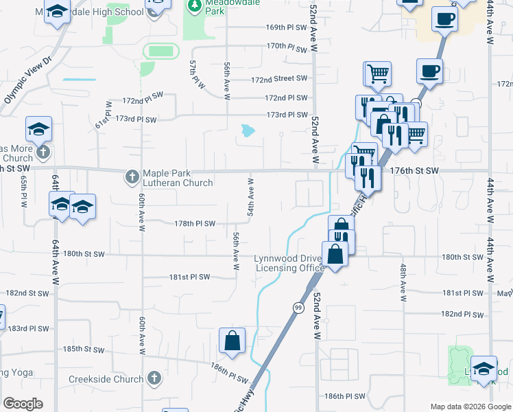 map of restaurants, bars, coffee shops, grocery stores, and more near 17711 54th Avenue West in Lynnwood
