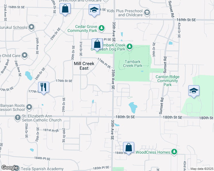 map of restaurants, bars, coffee shops, grocery stores, and more near 3406 176th Place Southeast in Bothell