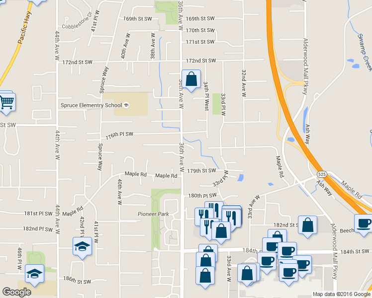 map of restaurants, bars, coffee shops, grocery stores, and more near 3530 177th Place Southwest in Lynnwood