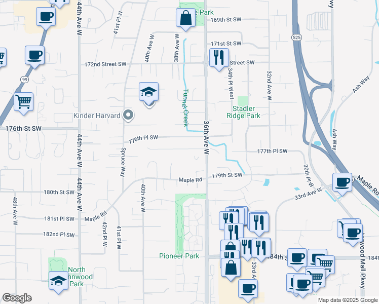 map of restaurants, bars, coffee shops, grocery stores, and more near 3632 177th Place Southwest in Lynnwood