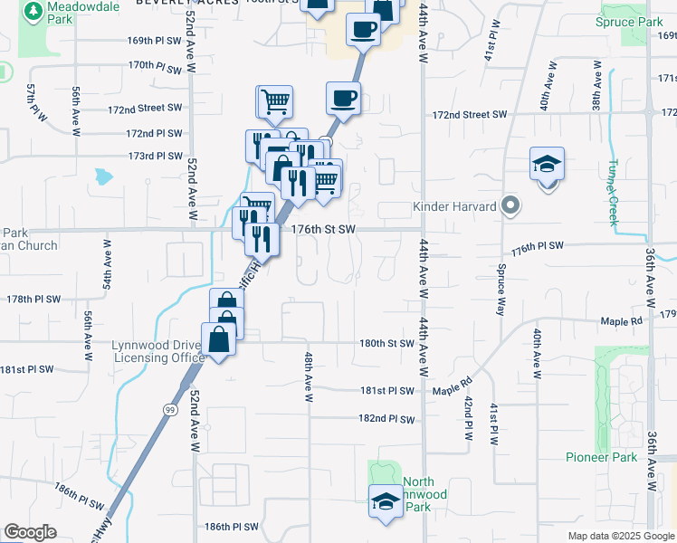 map of restaurants, bars, coffee shops, grocery stores, and more near 4704 176th Street Southwest in Lynnwood