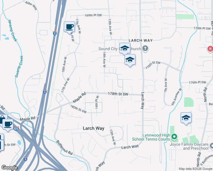 map of restaurants, bars, coffee shops, grocery stores, and more near 17707 14th Avenue West in Lynnwood