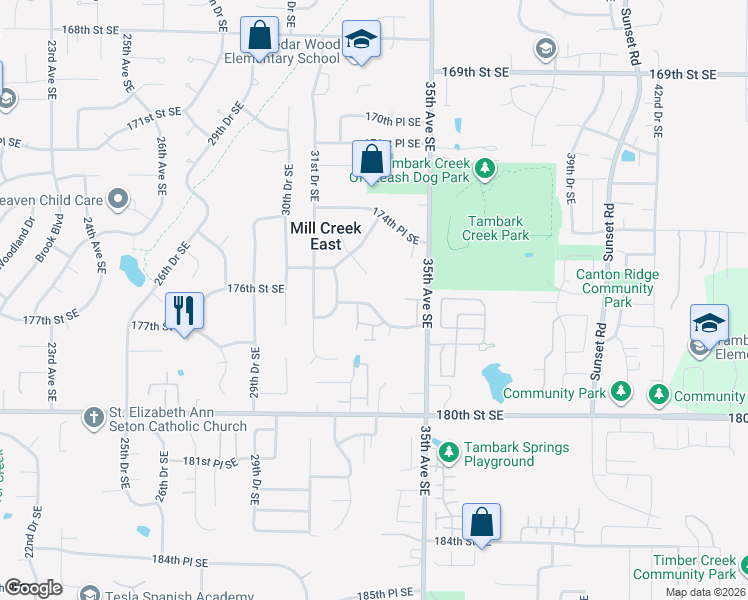 map of restaurants, bars, coffee shops, grocery stores, and more near 3305 176th Place Southeast in Bothell