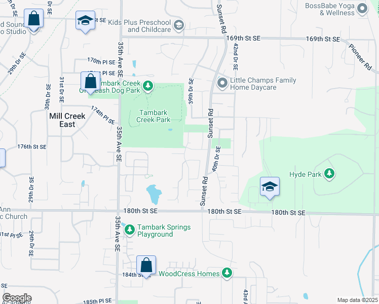 map of restaurants, bars, coffee shops, grocery stores, and more near 3902 176th Street Southeast in Bothell