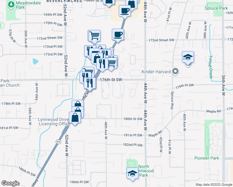 map of restaurants, bars, coffee shops, grocery stores, and more near 4702 176th Street Southwest in Lynnwood