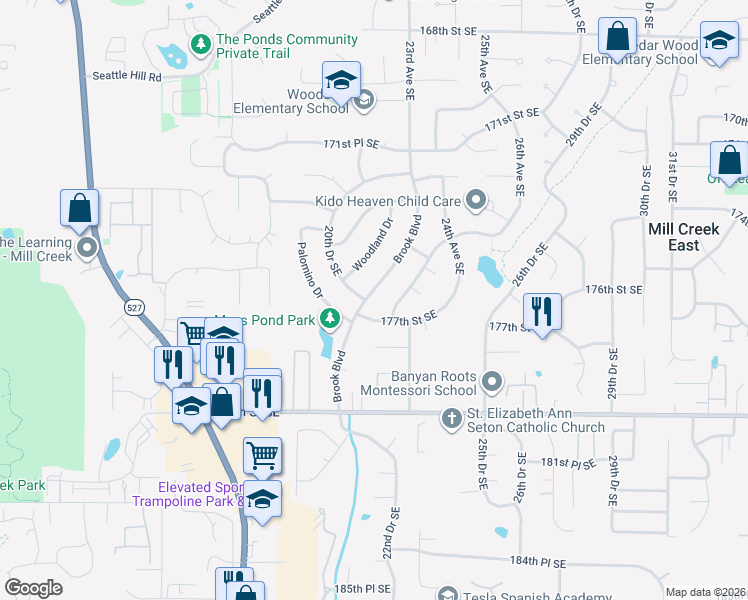 map of restaurants, bars, coffee shops, grocery stores, and more near 17611 Brook Boulevard in Bothell