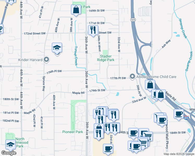 map of restaurants, bars, coffee shops, grocery stores, and more near 3423 177th Place Southwest in Lynnwood
