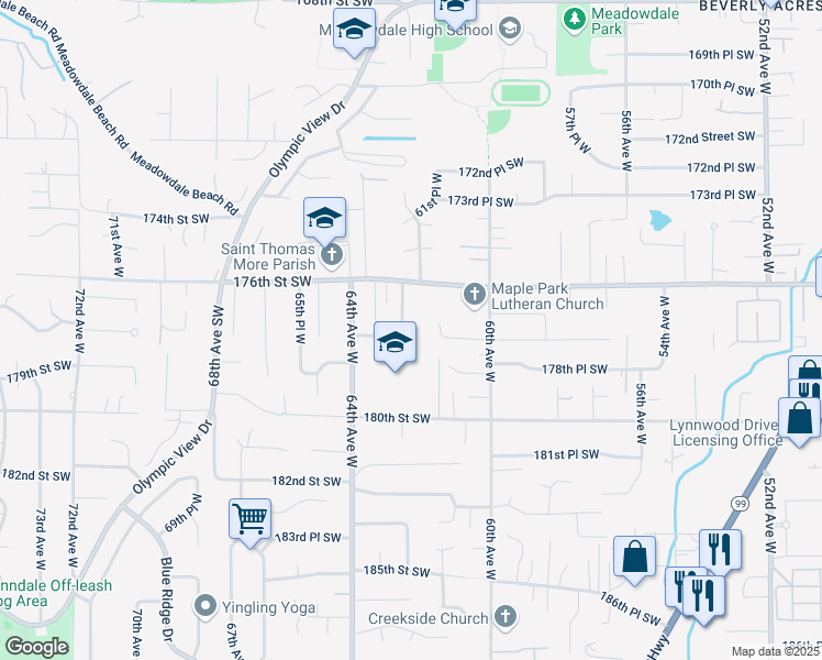 map of restaurants, bars, coffee shops, grocery stores, and more near 17713 62nd Place West in Lynnwood