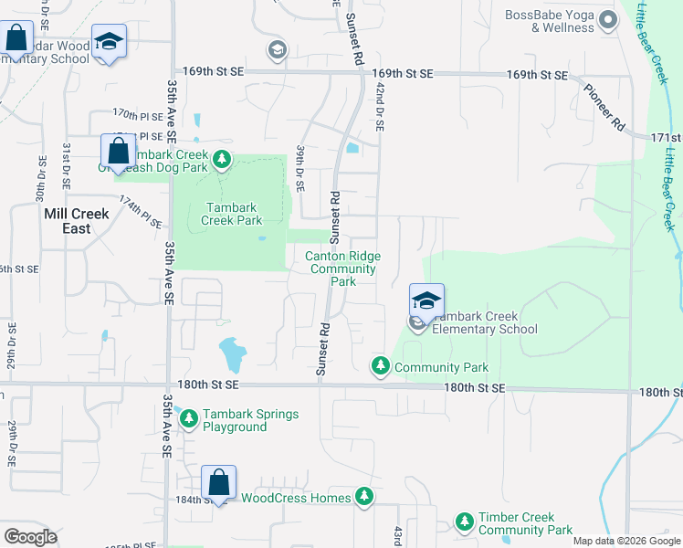 map of restaurants, bars, coffee shops, grocery stores, and more near 17600 Sunset Road in Bothell