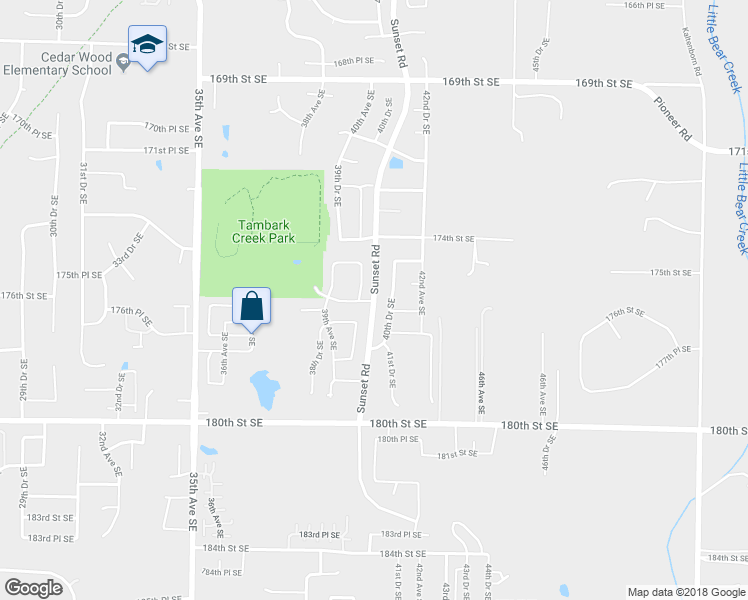 map of restaurants, bars, coffee shops, grocery stores, and more near 17600 Sunset Road in Bothell