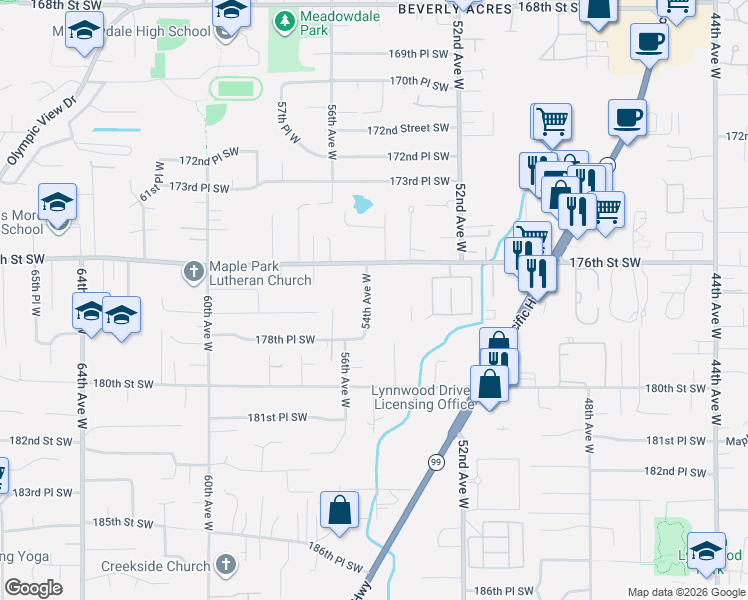 map of restaurants, bars, coffee shops, grocery stores, and more near 17705 54th Avenue West in Lynnwood