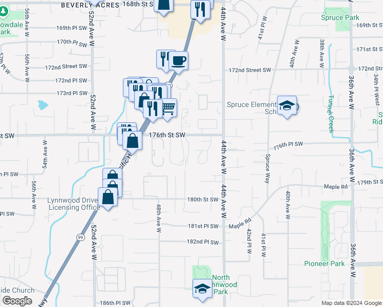map of restaurants, bars, coffee shops, grocery stores, and more near 4612 176th Street Southwest in Lynnwood
