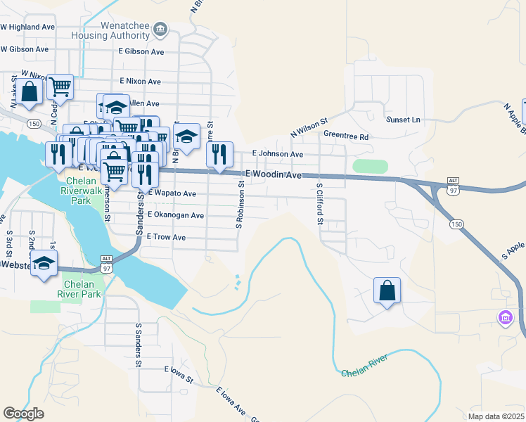 map of restaurants, bars, coffee shops, grocery stores, and more near 629 East Okanogan Avenue in Chelan
