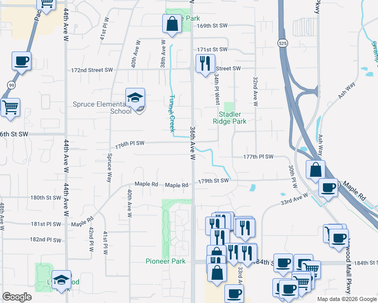 map of restaurants, bars, coffee shops, grocery stores, and more near 3530 177th Place Southwest in Lynnwood