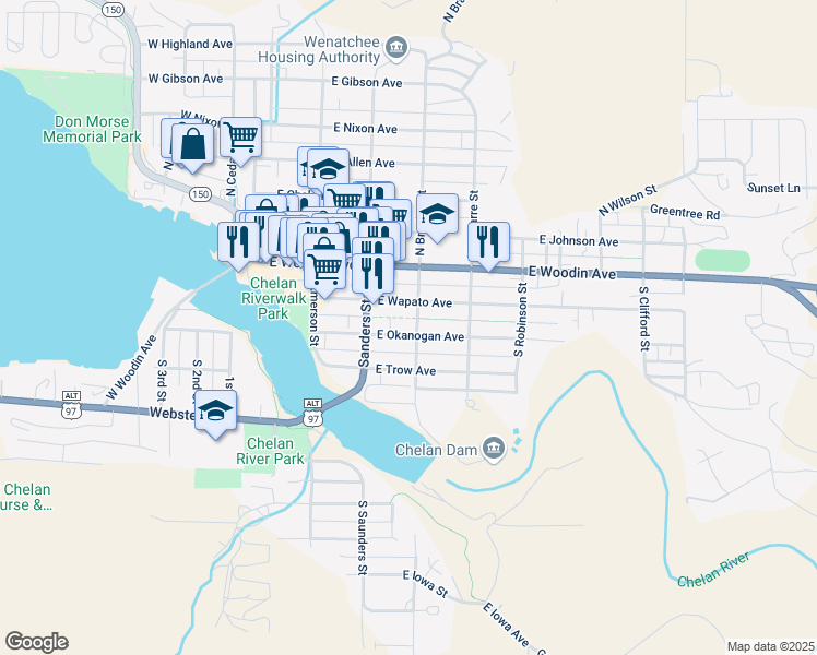 map of restaurants, bars, coffee shops, grocery stores, and more near 329 East Okanogan Avenue in Chelan