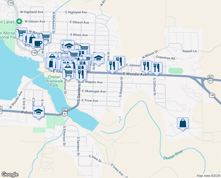 map of restaurants, bars, coffee shops, grocery stores, and more near 507 East Okanogan Avenue in Chelan