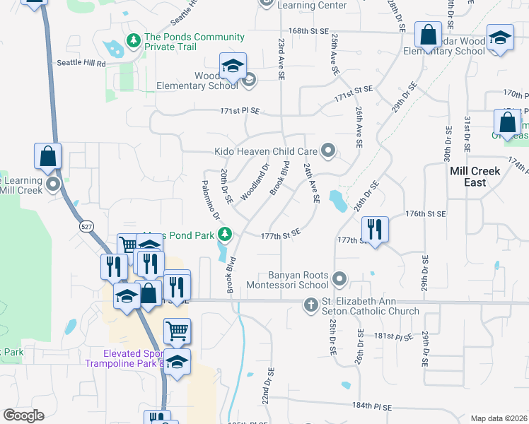 map of restaurants, bars, coffee shops, grocery stores, and more near 17611 Brook Boulevard in Bothell