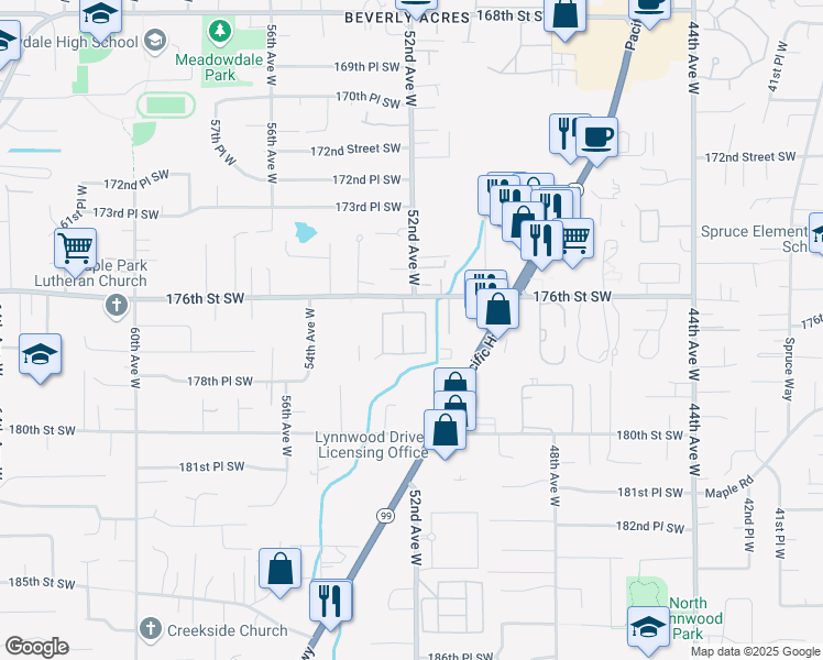 map of restaurants, bars, coffee shops, grocery stores, and more near 5220 176th Street Southwest in Lynnwood